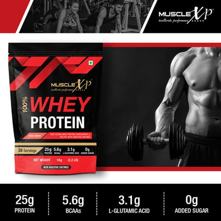 Musclexp 100% Whey Protein With Whey Protein Isolate Blend Fruit Berry Flavour 1kg Pouch (2.2 Lb)