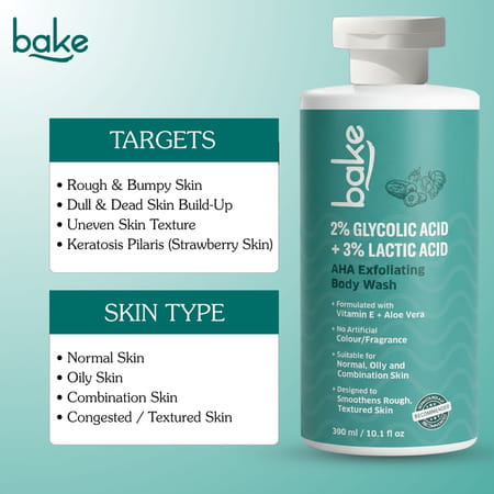 Bake 3% Lactic & Glycolic Acid Body Wash For Smooth | Even Skin - 300Ml