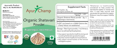 Ayur Champ - Pack Of 4 -Organic Shatavari Powder Asparagus Racemosus - Usda Certified 200g