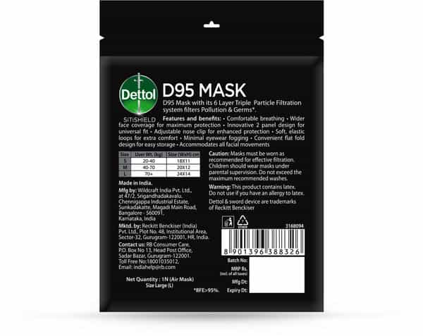 Dettol D95 Mask Anti Virus Reusable & Washable Black Large