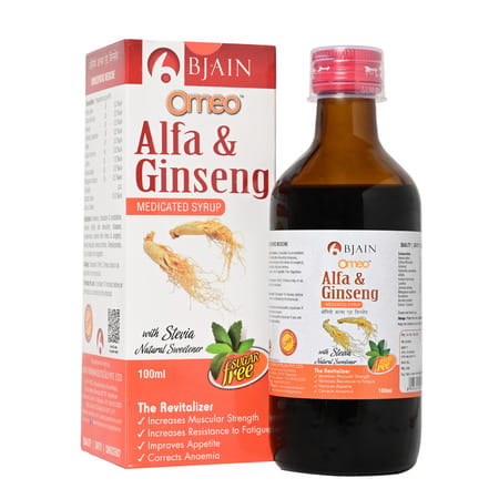 Bjain Omeo Alfa Ginseng Syrup . Sugar Free | Energy . Stamina & Vitality Support - 100ml