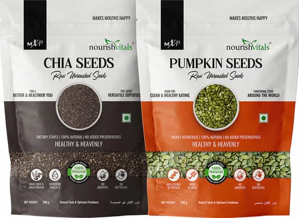 Nourishvitals Healthy Munching Combo | Chia Raw Seeds + Pumpkin Raw Unroasted Seeds (200Gm Each)