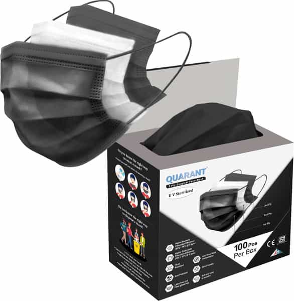 Quarant 3 Ply Black Surgical Face Mask With Adjustable Nose Pin Uv Sterilized - Pack Of 100