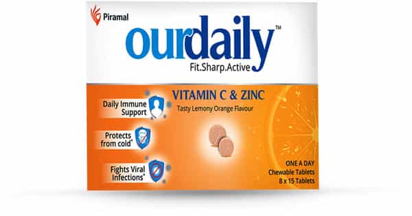 Ourdaily Vitamin C ( 500Mg ) & Zinc Chewable Tablets-Builds Immunity - Lemony Orange- 15 Tablets
