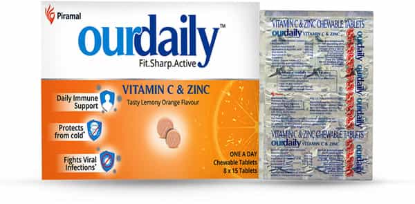Ourdaily Vitamin C ( 500Mg ) & Zinc Chewable Tablets-Builds Immunity - Lemony Orange- 15 Tablets