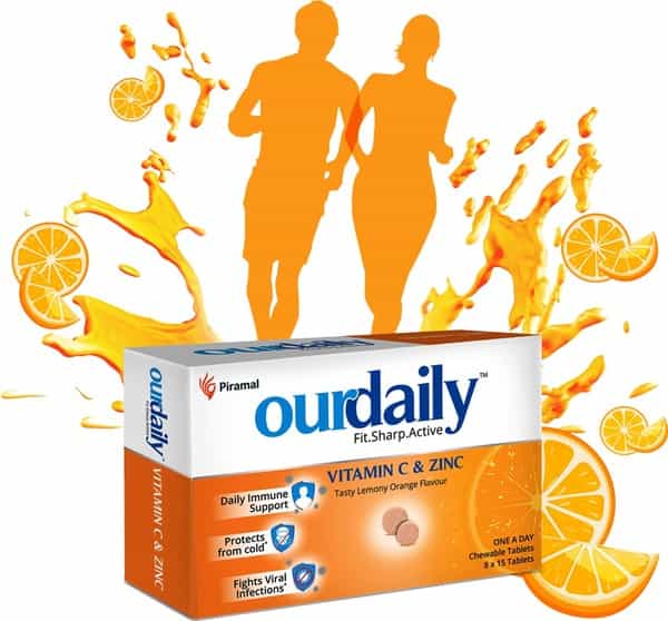 Ourdaily Vitamin C ( 500Mg ) & Zinc Chewable Tablets-Builds Immunity - Lemony Orange- 15 Tablets