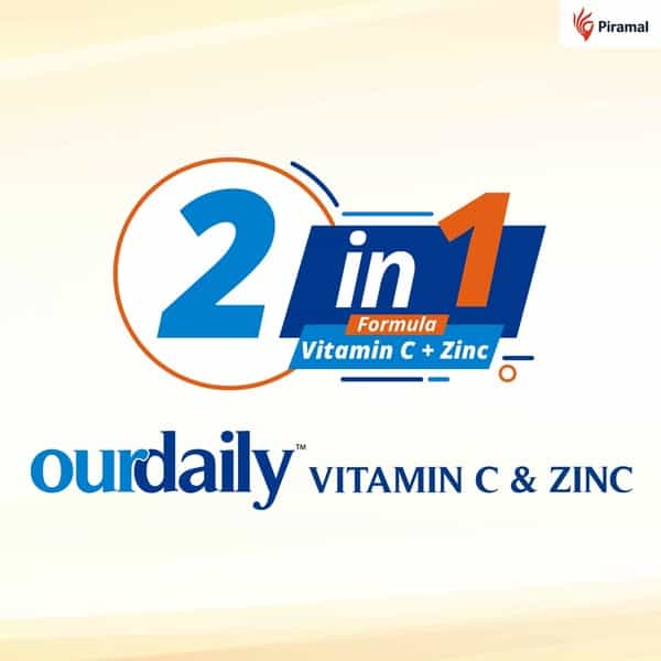 Ourdaily Vitamin C ( 500Mg ) & Zinc Chewable Tablets-Builds Immunity - Lemony Orange- 15 Tablets