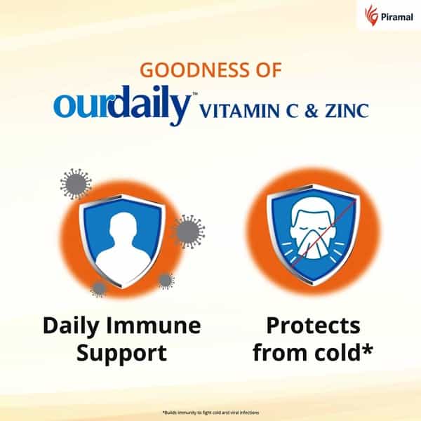 Ourdaily Vitamin C ( 500Mg ) & Zinc Chewable Tablets-Builds Immunity - Lemony Orange- 15 Tablets