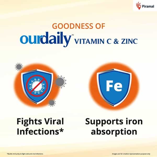 Ourdaily Vitamin C ( 500Mg ) & Zinc Chewable Tablets-Builds Immunity - Lemony Orange- 15 Tablets