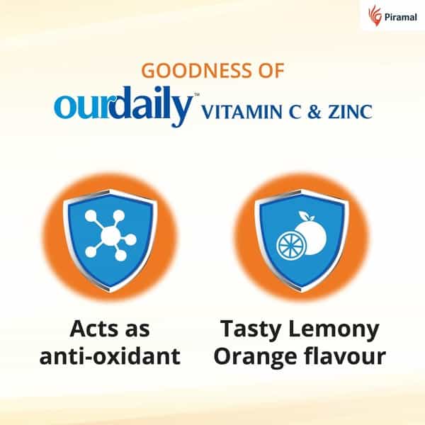 Ourdaily Vitamin C ( 500Mg ) & Zinc Chewable Tablets-Builds Immunity - Lemony Orange- 15 Tablets