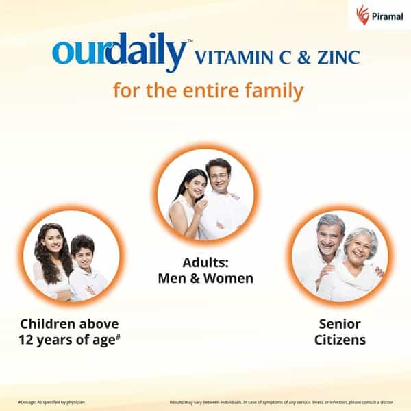 Ourdaily Vitamin C ( 500Mg ) & Zinc Chewable Tablets-Builds Immunity - Lemony Orange- 15 Tablets
