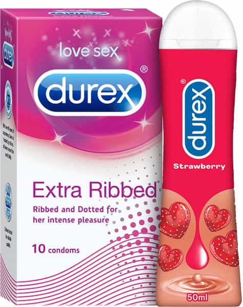 Durex Extra Ribbed Condoms Men-10Count With Durex Strawberry Flavoured Lube Gel For Men & Women-50Ml