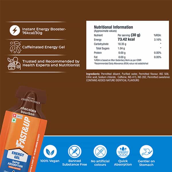Fast&Up Energy Gel- Instant Energy Booster Chocolate Bourbon Flavor (5 Sachets)