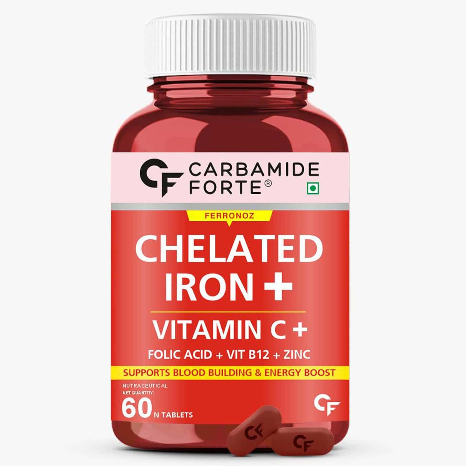 Carbamide Forte Chelated Iron + Vitamin C B12 Folic Acid & Zinc 60veg Tablets