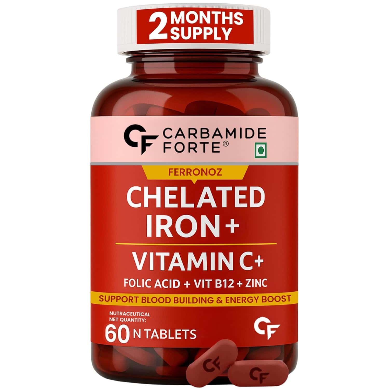 Carbamide Forte Chelated Iron + Vitamin C B12 Folic Acid & Zinc 60veg Tablets