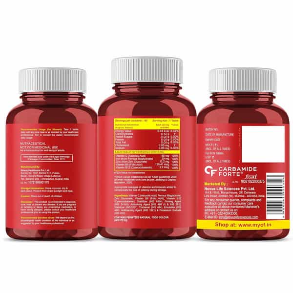Carbamide Forte Chelated Iron + Vitamin C B12 Folic Acid & Zinc 60Veg Tablets