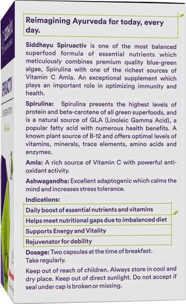 Siddhayu Spiruactiv Capsules-Vmultivitamin Immunity Booster Natural Spirulina - 60 Caps