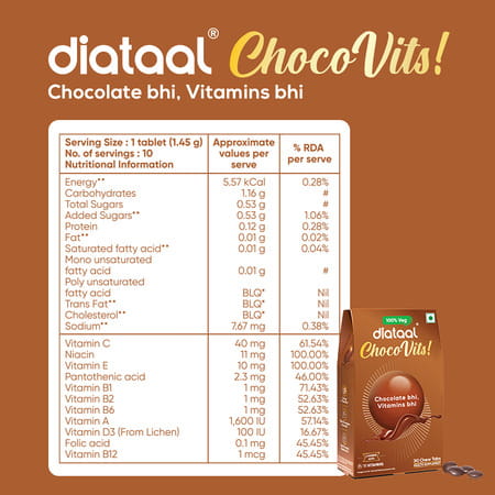 Diataal Chocovits Veg Multivitamin With B-Complex For Energy & Immunity Health 30 Chewable Tablets