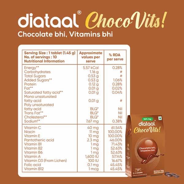 Diataal Chocovits Veg Multivitamin With B-Complex For Energy & Immunity Health 30 Chewable Tablets