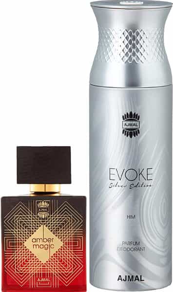 Ajmal Amber Magic Edp 100Ml Perfume For Men And Evoke Silver Edition Him Deodorant 200Ml For Men