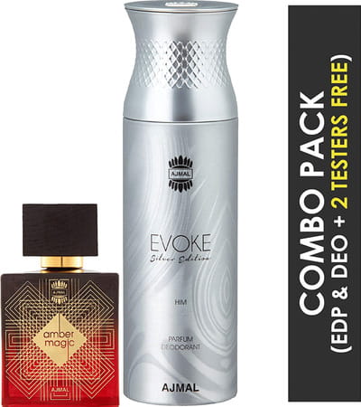 Ajmal Amber Magic Edp 100ml Perfume For Men And Evoke Silver Edition Him Deodorant 200ml For Men
