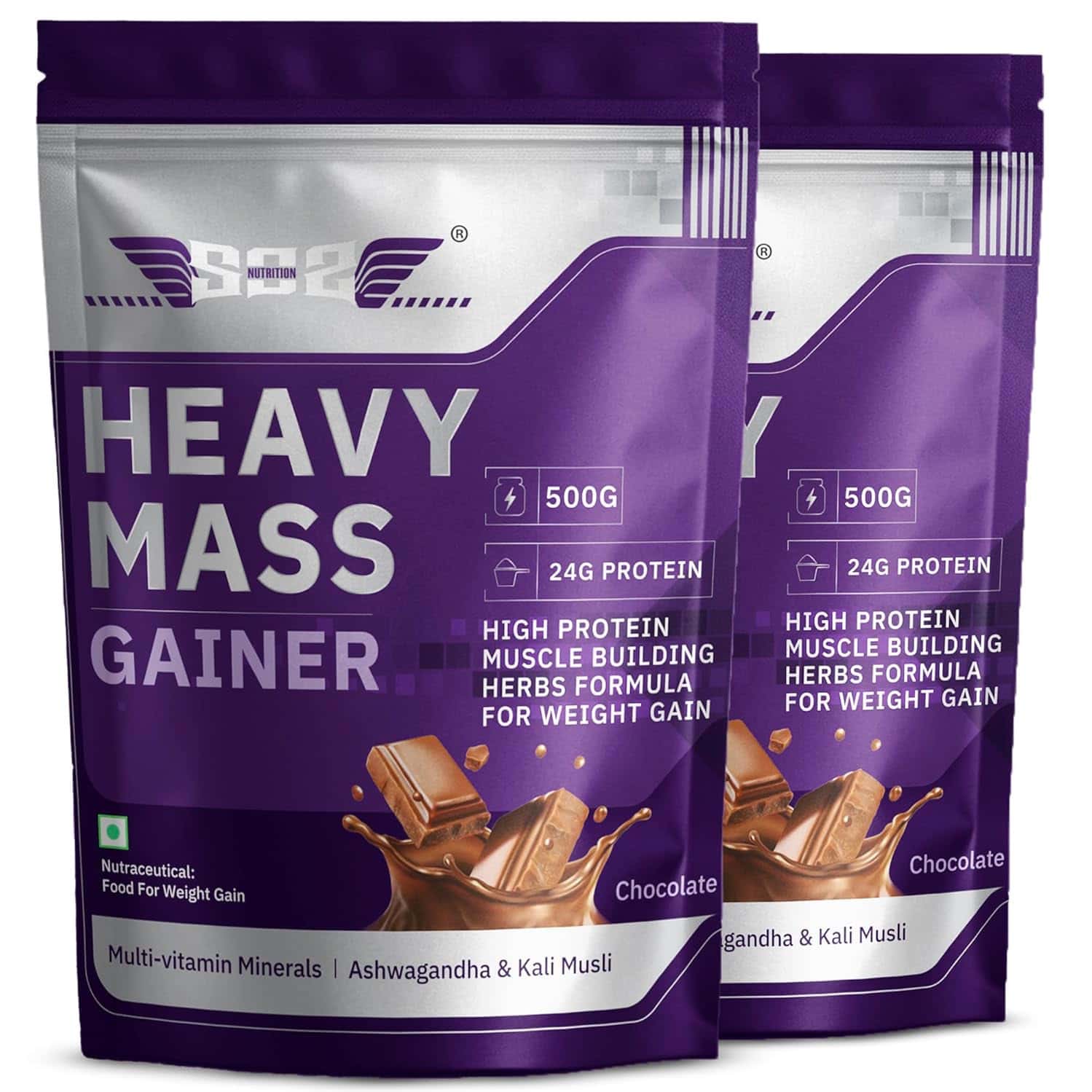 Sos Nutrition High Protein Mass Weight Gainer | 24g Protein & Multivitamins | Chocolate - 500g X 2