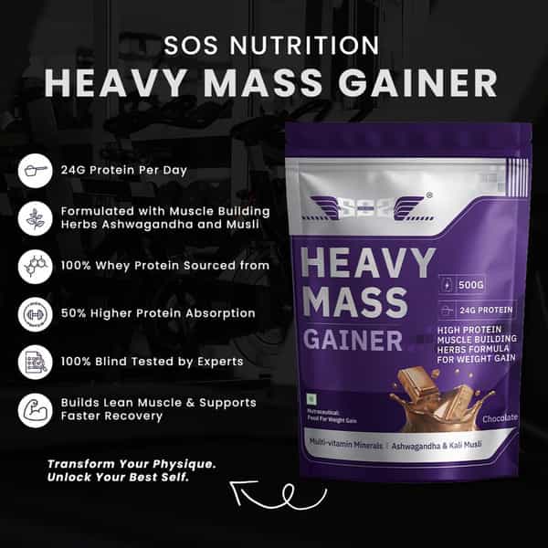 Sos Nutrition High Protein Mass Weight Gainer | 24G Protein & Multivitamins | Chocolate - 500G X 2