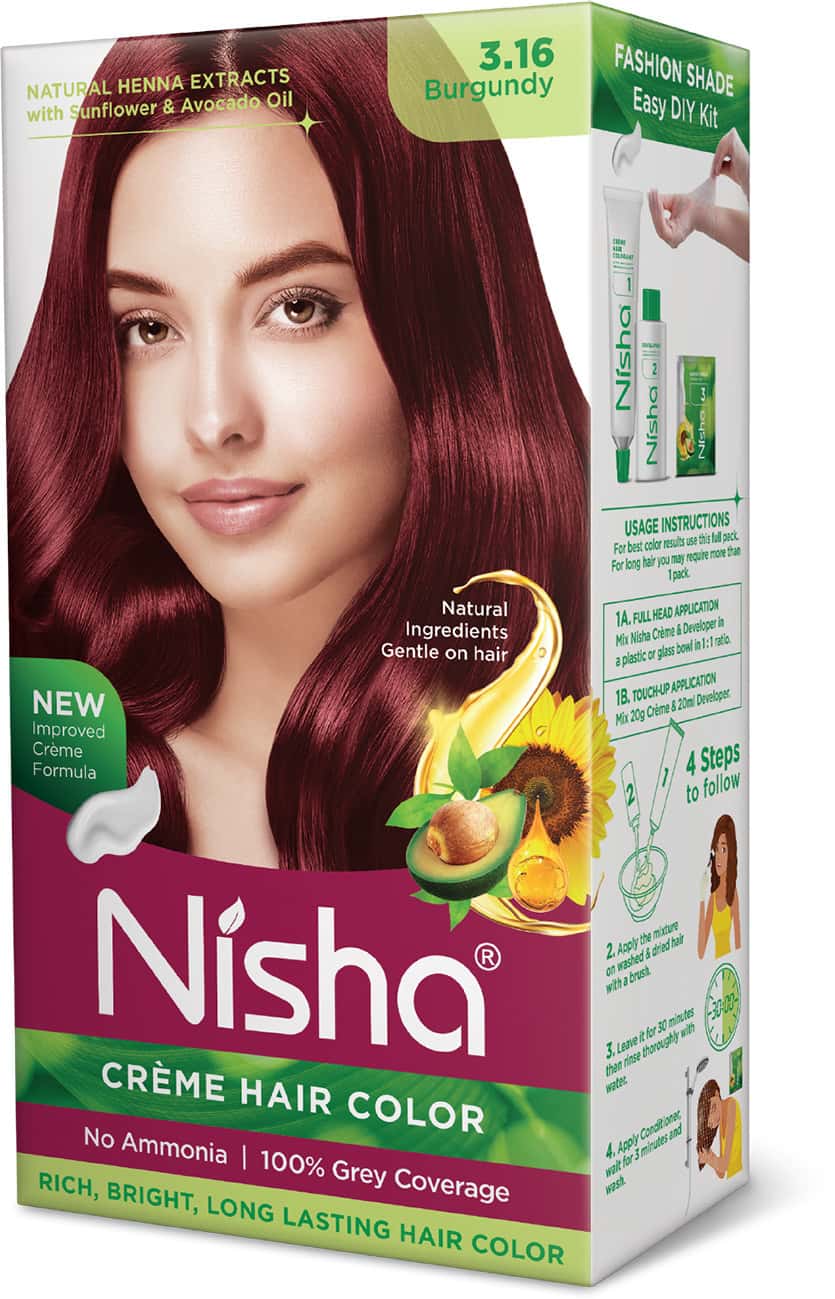 Nisha Creme Hair Color 3.16 Burgundy (60gm+60ml+18ml) Ammonia Free Permanent Hair Colour