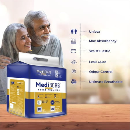 Medisorb Adult Diaper Pants Xl | Pull-Ups | Elastic Waist Size 147-172 Cm | 10 Piece | Pack Of 2