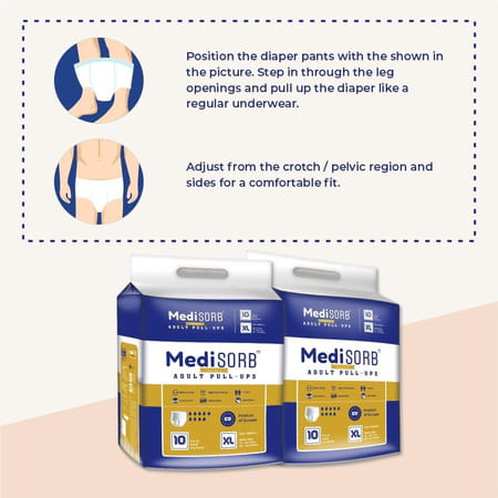 Medisorb Adult Diaper Pants Xl | Pull-Ups | Elastic Waist Size 147-172 Cm | 10 Piece | Pack Of 2