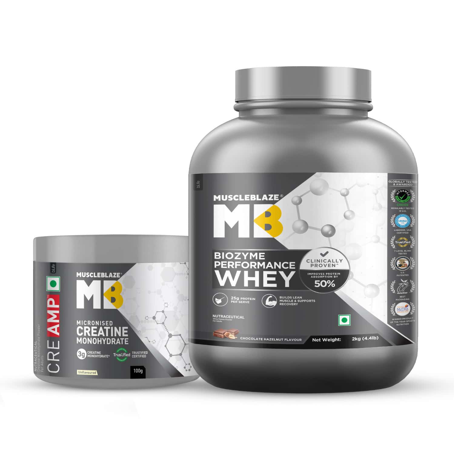 Muscleblaze Biozyme Performance Whey Protein | Chocolate Hazelnut | 2kg & Creatine | Combo Pack