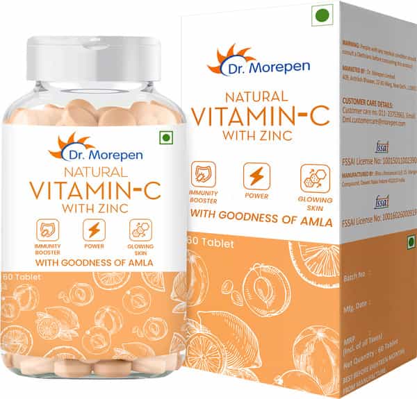 Dr. Morepen Natural Vitamin C With Zinc Tablets For Immunity & Glowing Skin - 60 Veg Tablets