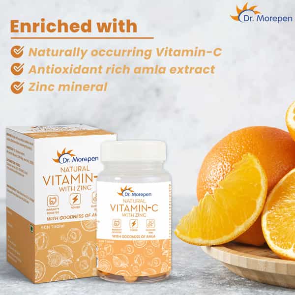 Dr. Morepen Natural Vitamin C With Zinc Tablets For Immunity & Glowing Skin - 60 Veg Tablets