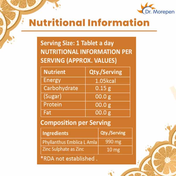 Dr. Morepen Natural Vitamin C With Zinc Tablets For Immunity & Glowing Skin - 60 Veg Tablets