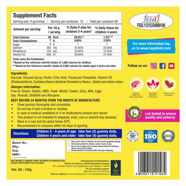 Happi Kidz Nutrition For A Healthy Beginning Calcium + Vitamin D For Kids (60 Gummy Bears)Strawberry