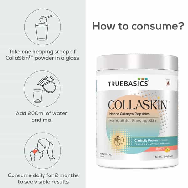 Truebasics Collaskin | Marine Collagen Peptides For Youthful Glowing Skin | Mixed Fruit | 200 G