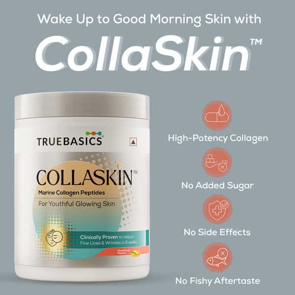 Truebasics Collaskin | Marine Collagen Peptides For Youthful Glowing Skin | Mixed Fruit | 200 G