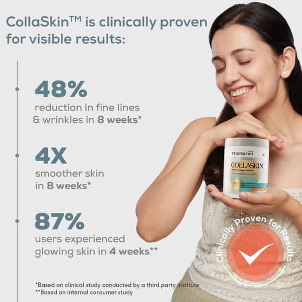 Truebasics Collaskin | Marine Collagen Peptides For Youthful Glowing Skin | Mixed Fruit | 200 G