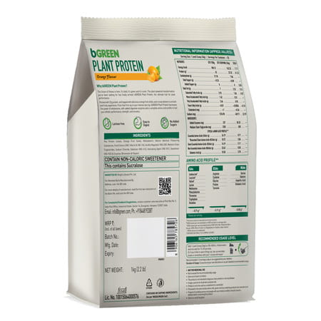 Bgreen Plant Protein Powder (Orange| 1Kg) | Pea Protein Isolate| 22G Protein| No Added Sugars