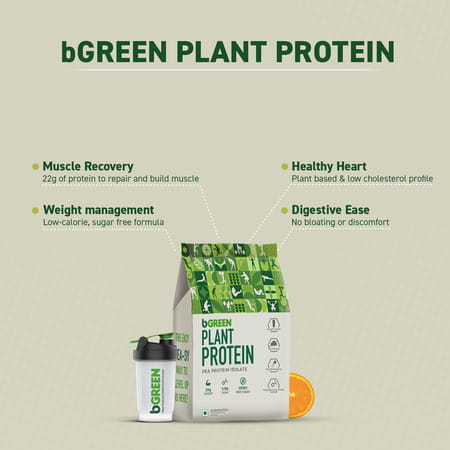 Bgreen Plant Protein Powder (Orange| 1Kg) | Pea Protein Isolate| 22G Protein| No Added Sugars