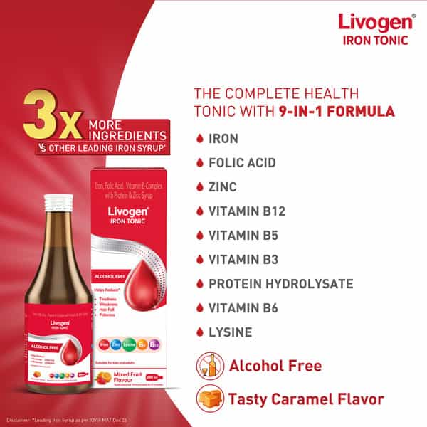 Livogen Iron Tonic | Complete Health Tonic | 9-In-1 Benefit Formula | Mixed Friut Flavour | 200 Ml
