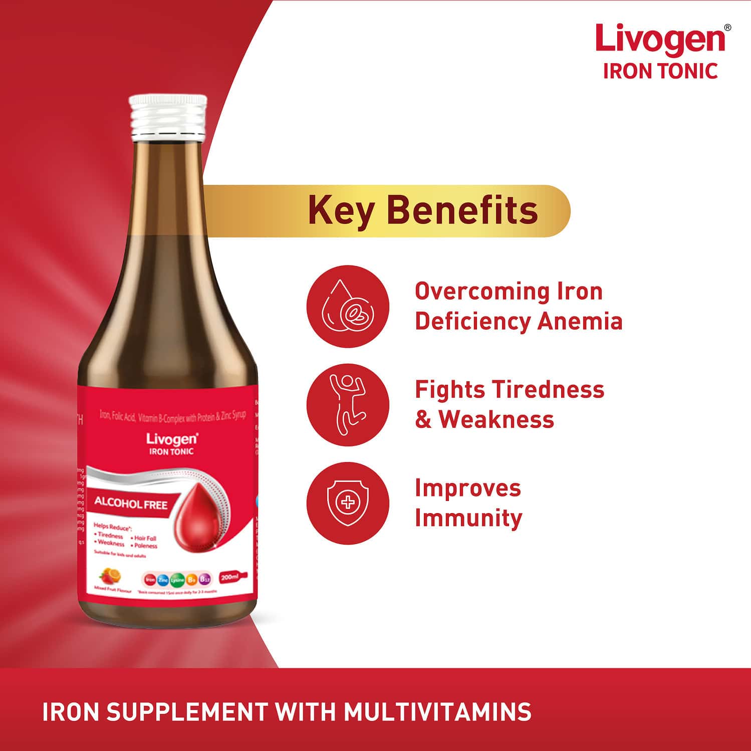 LIVOGEN IRON TONIC | COMPLETE HEALTH TONIC | 9-IN-1 BENEFIT FORMULA | MIXED FRIUT FLAVOUR | 200 ML