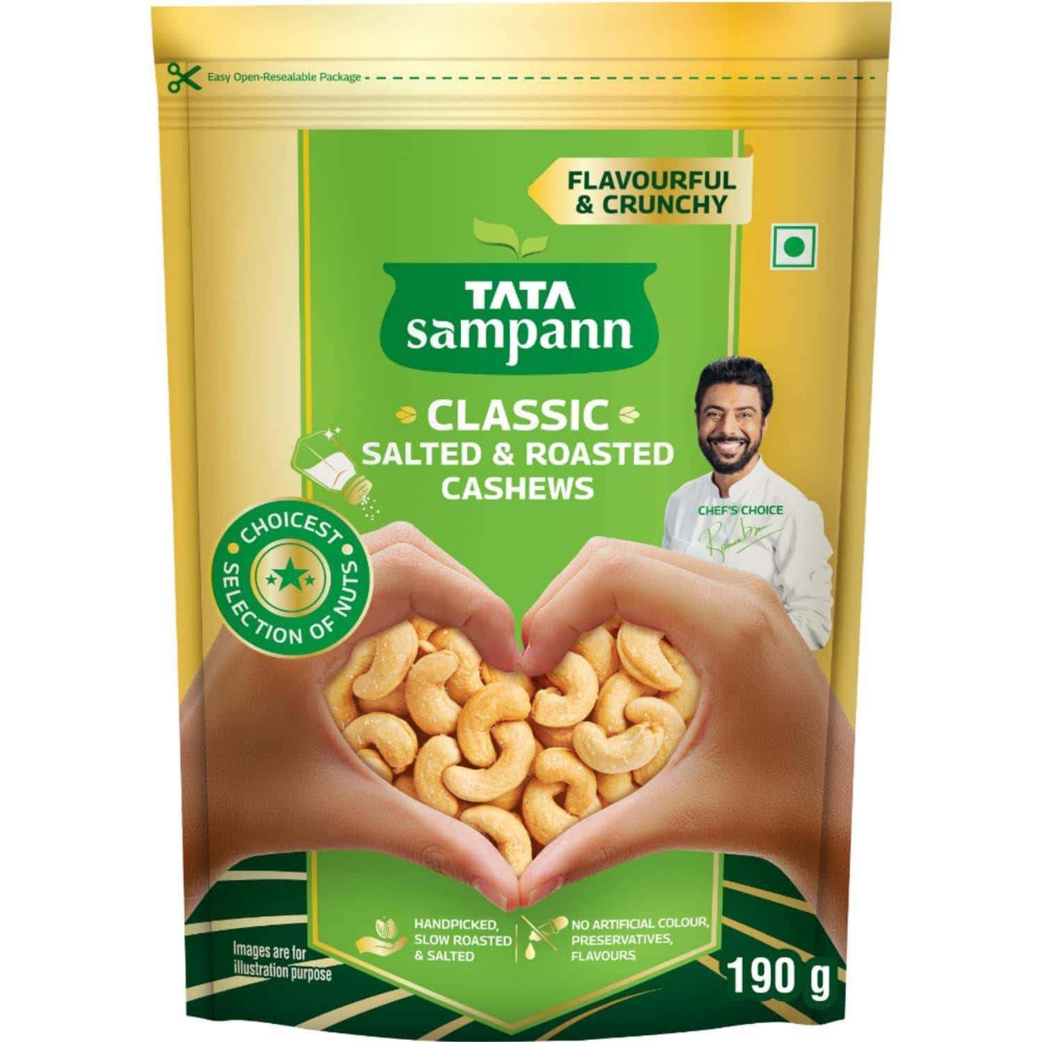Tata Sampann Classic Salted & Roasted Cashews/kaju| Flavourful & Crunchy Snack| 190g