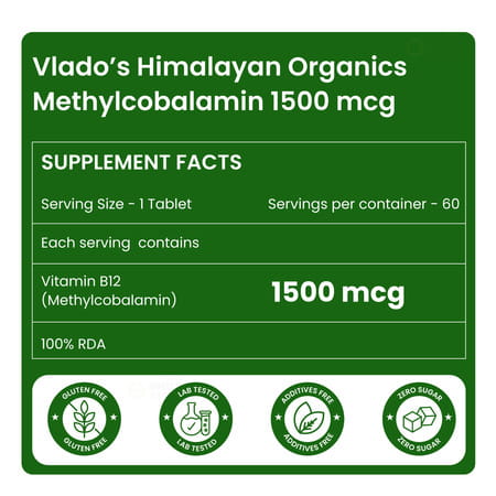 Vlado's Himalayan Organics Vitamin B12 1500 Mcg Methylcobalamin Supplement - 60 Veg Tablets