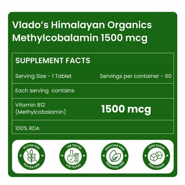 Vlado's Himalayan Organics Vitamin B12 | For Men & Women- 60 Veg Tablets