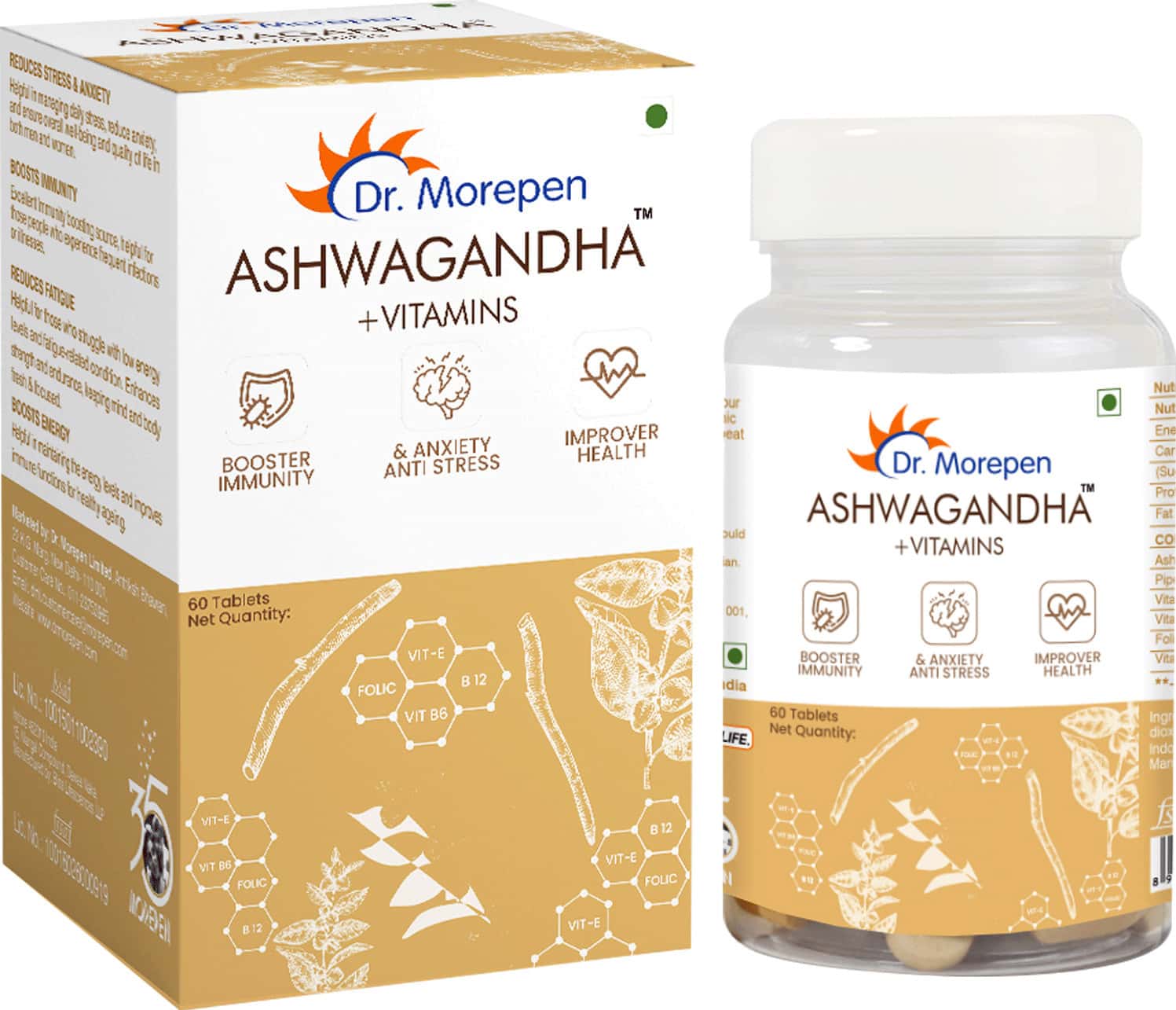 Dr. Morepen Ashwagandha + Vitamins | Energy & Immunity Booster - 60 Veg Tablets