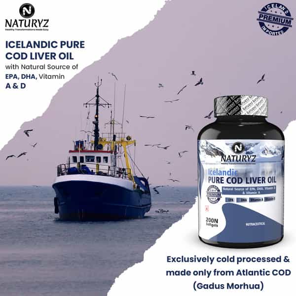 Naturyz Icelandic Cod Liver Fish Oil Capsules With Natural Omega 3 & Vitamins (A & D) (200 Softgels)