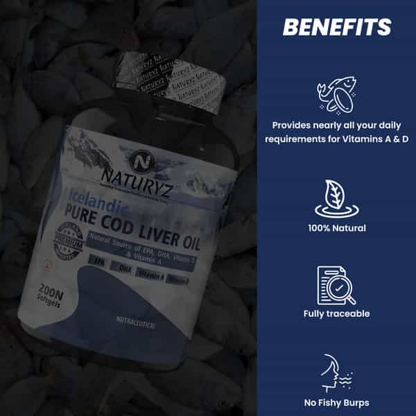 Naturyz Icelandic Cod Liver Fish Oil Capsules With Natural Omega 3 & Vitamins (A & D) (200 Softgels)