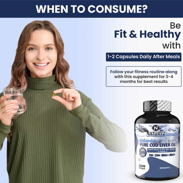Naturyz Icelandic Cod Liver Fish Oil Capsules With Natural Omega 3 & Vitamins (A & D) (200 Softgels)