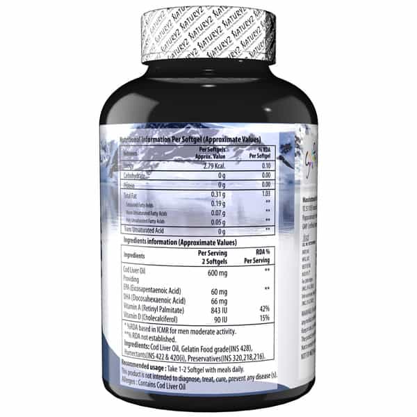 Naturyz Icelandic Cod Liver Fish Oil Capsules With Natural Omega 3 & Vitamins (A & D) (200 Softgels)